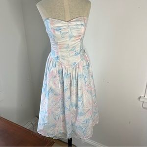 Vintage 80s All That Jazz Pastel Watercolor Floral Strapless Party Dress